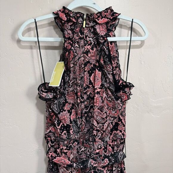 MICHAEL Michael Kors Medium Paisley Halter Midi Dress Black Ruffles Womens NWT - Picture 5 of 8